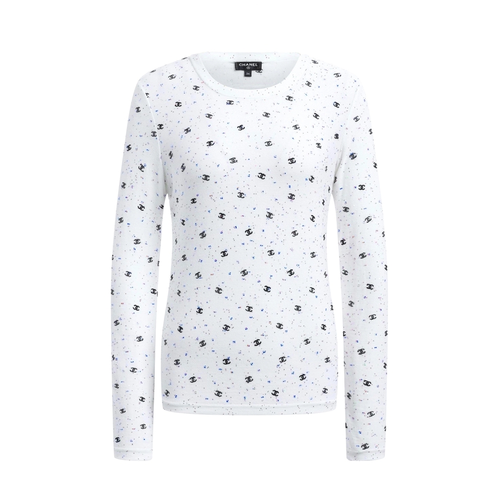 CHANEL 2020S Long Sleeve Knitted White CC Logo Tee Shirt Size 36 NWT